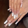 Extra-long square press-on nails with French gradient, 3D flowers, and pearl accents - 3D Floral French Tip Gradient Style (JP1720)