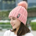 Women's pink knit beanie with fluffy pom pom and fleece lining for winter warmth - Hat Only / Pink