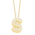 Macro shot of gold-plated letter S pendant with sparkling pave cubic zirconia crystals - Gold-S