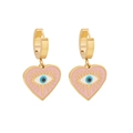 Golden heart earrings with pink enamel heart pendant and blue evil eye detail - Earrings (3#耳环)