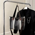Striped canvas tote bag with brown handles and a detachable shoulder strap - Black