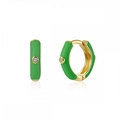 Detail view of gold C-shaped earrings with green enamel coating and small zircon stone - 24K / Green Enamel Small Hoop (JQH0020-GG-3)