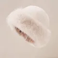 Thickened white faux fur bucket hat for women with plush Mongolian style design - White