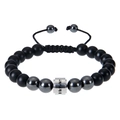 Bracciale regolabile in ematite e agata nera con cilindro in acciaio inossidabile inciso - Magnetite Nera-Bracciale Inciso