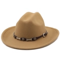 Side view of khaki cowboy hat with brown leather strap and silver star metal studs - M (56-58cm) / Camel