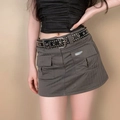 Dark greyish green utility mini skirt with double-row silver studded black leather belt - Double Row Rivet Black Belt(K0202A)