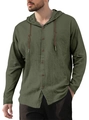 Detail of army green cotton linen hoodie shirt featuring buttons and drawstring hood - Army Green
