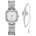 Silver square quartz watch and rhinestone bracelet set for women on white background - Silver + Bracelet