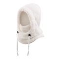 Close-up of thick white fleece balaclava hood with adjustable black cord stoppers - M (3-10 Years) / White