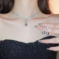 Close-up of silver zircon necklace and water drop earrings set worn by a model - Silver Water Drop (14#)