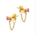 Detail of gold stud earrings with pink rectangular zircon stones and fine chain link - Rose Red