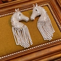 18K gold-plated silver needle horse-head earrings with glittering rhinestone tassels - 91# Silver Full Diamond Horse Head Tassel Dangle Earrings (Pair)