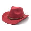 Detail of red faux suede cowboy hat with braided leather band and metal skull buckle - M (56-59cm) / Burgundy