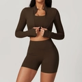 Three-piece yoga set in cocoa brown including zip jacket, sports bra and high-waist shorts - Long Sleeve + Bra + Shorts Roasted Tea Brown