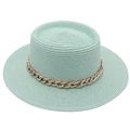 Detail of light mint green straw boater hat featuring a chunky gold chain accent - One Size / Mint Green (with Acrylic Chain Decor)