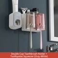 Wall-mounted dual cup toothbrush holder set with automatic toothpaste dispenser - 2-Cup Set + Gray Dispenser