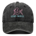 Berretto vintage lavato con ricamo silhouette femminile e scritte Send Nudes - Nero