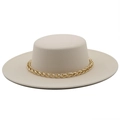 Elegant beige wide brim flat top fedora hat with a bold gold metal chain decoration - M (56-58cm) / Beige