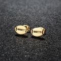 Polished gold football-shaped stainless steel stud earrings on a sleek black background - Rugby Ball / Gold