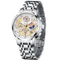 Men's silver steel quartz watch featuring a gold hollow dial and moon phase display - Silver Case & White Dial Steel Strap