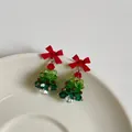 Orecchini a forma di albero di Natale fatti a mano con fiocchi rossi e perline di cristallo - Albero di Natale-Fiocco Rosso-Perno in Argento / Stud orecchini