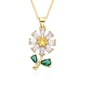 Luxurious gold sunflower pendant necklace with multi-color zircon stones for women - E452-Daisy with Yellow Core and Green Leaves