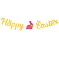 Glittery Happy Easter banner with pink bunny and gold letters for holiday wall decor - Rose Red Rabbit Happy Easter