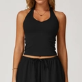 Slim fit black halter yoga crop top and drawstring pants for fitness and workout - S / Premium Black