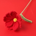 Handmade crochet flower in vibrant red petals and yellow core on a matching red background - Galsang Flower / Red