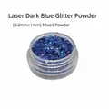 Macro detail of dark blue laser glitter powder and sequins in a clear round bottle - Laser Dark Blue