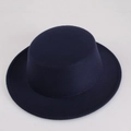 Top view of dark blue wool felt boater hat with flat brim and smooth texture - Navy Blue