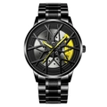 Men's sport watch with black wheel rim dial design and yellow brake caliper detail - Black Case Yellow Caliper - Black Steel Band
