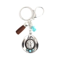 Silver cowboy hat keychain with brown tassels and turquoise beads on white background - Brown