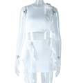 Dettaglio del completo bianco a due pezzi con fiori 3D e minigonna a volant - S / Bianco