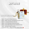 Detail of book-shaped titanium steel necklace showing open and closed heart envelope locket - My Love (Two-tone)