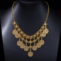 Close-up of golden multi-layer coin tassels and intricate mesh on bohemian waist chain - Antique Gold Necklace Headpiece Dual Use