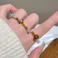 Retro beaded ring set with brown tiger eye beads, silver cat charm and heart pendant - Retro Maillard Beaded Set / Set / Brown