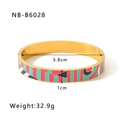 Detail view of 18k gold plated bangle with colorful enamel geometric patterns and size data - Multicolor Geometric (NB-B6028)