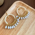 Bohemian style earrings with cream cotton rope weaving and white teardrop shaped pendants - Beige Ear Hook