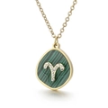 Collier Bélier doré avec pendentif goutte verte et symbole du zodiaque en cristaux - Bélier