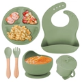 Green silicone baby feeding set including smiley plate, bowl, bib, and wooden utensils - 6-Piece Set with Wooden Handle / Army Green