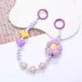 Handmade beaded phone strap featuring purple crochet flowers and colorful heart charms - Purple Flower Style (K2664)