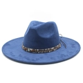 Close-up of navy blue fedora with ethnic band featuring evil eye and metal studs - M (56-59cm) / Navy Blue Suede