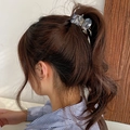 Gray and blue marble pattern acetate claw clip shown on a high ponytail style - Grey Blue Marble