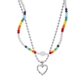 Collana a due strati con perline arcobaleno, ciondolo a faccina e cuore su sfondo bianco - Faccina Sorridente Multicolore Doppio Strato (Rimovibile)