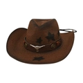 Cappello da cowboy in paglia marrone scuro con stelle nere e fibbia a testa di toro - Taglia unica / Caffè con Corda Antivento (Testa di Toro Marrone)