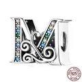 925 sterling silver charm bead letter M with colorful zircon stones and filigree pattern - Multicolor Zirconia M
