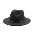 Classic charcoal black fedora hat with brown leather woven band and rhinoceros badge - M (56-58cm) / Black