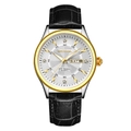 Men's quartz watch with gold bezel, silver textured dial, and black leather strap - Gold Case White Dial Black Leather Strap