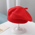 Classic red knitted baby beret hat with top stem detail on a white display stand - Plain Knit Beret / Red